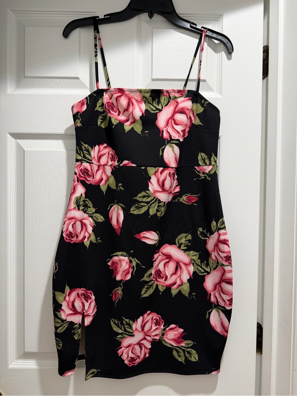 Guess Black Floral Spaghetti Strap Dress with Pink Roses